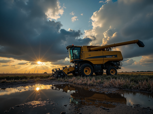 联合收割机侧面全貌，黄色机身，大型割台装置，现代化操作面板，农田作业场景