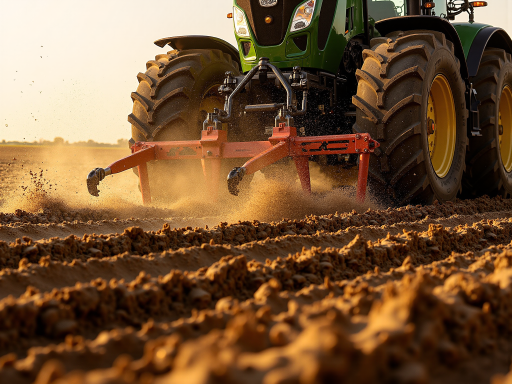 大型翻土犁具特写，钢铁材质坚固耐用，齿状犁刀排列整齐，泥土飞溅效果