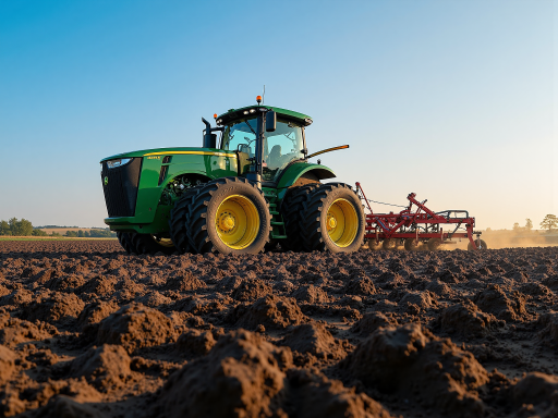 红色大型拖拉机正面照，履带式设计，现代化驾驶室，阳光下金属光泽明显，田野背景